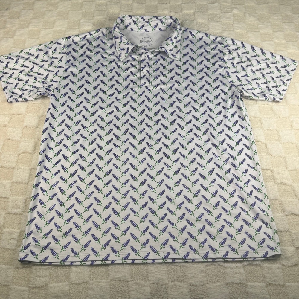 Chaparral Golf Co Mens Bluebonnet Floral Performance Polo Shirt White Purple L